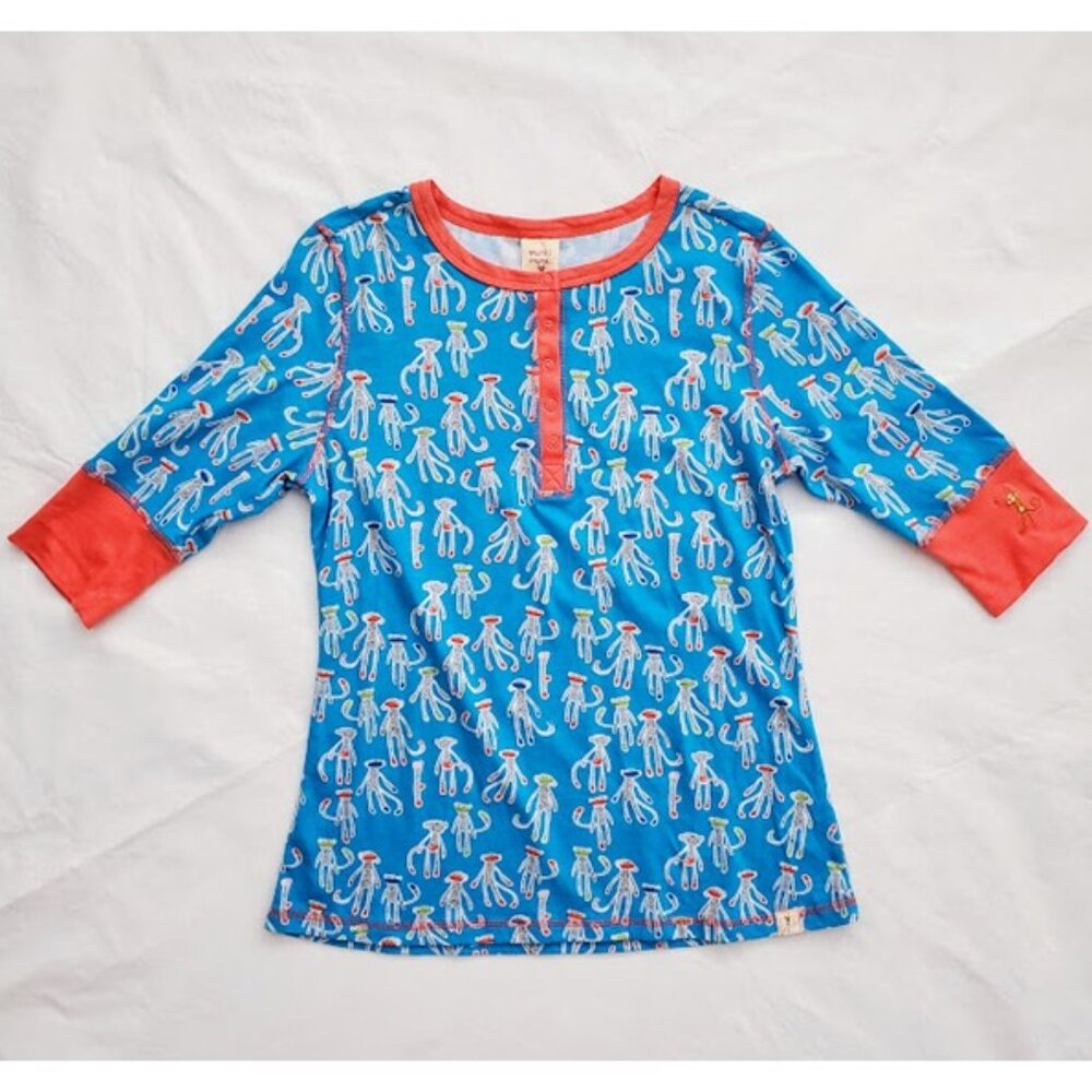 Munki Munki Sock Monkey Henley 3/4 Sleeve Pajama Top Snaps Pullover  Sz M